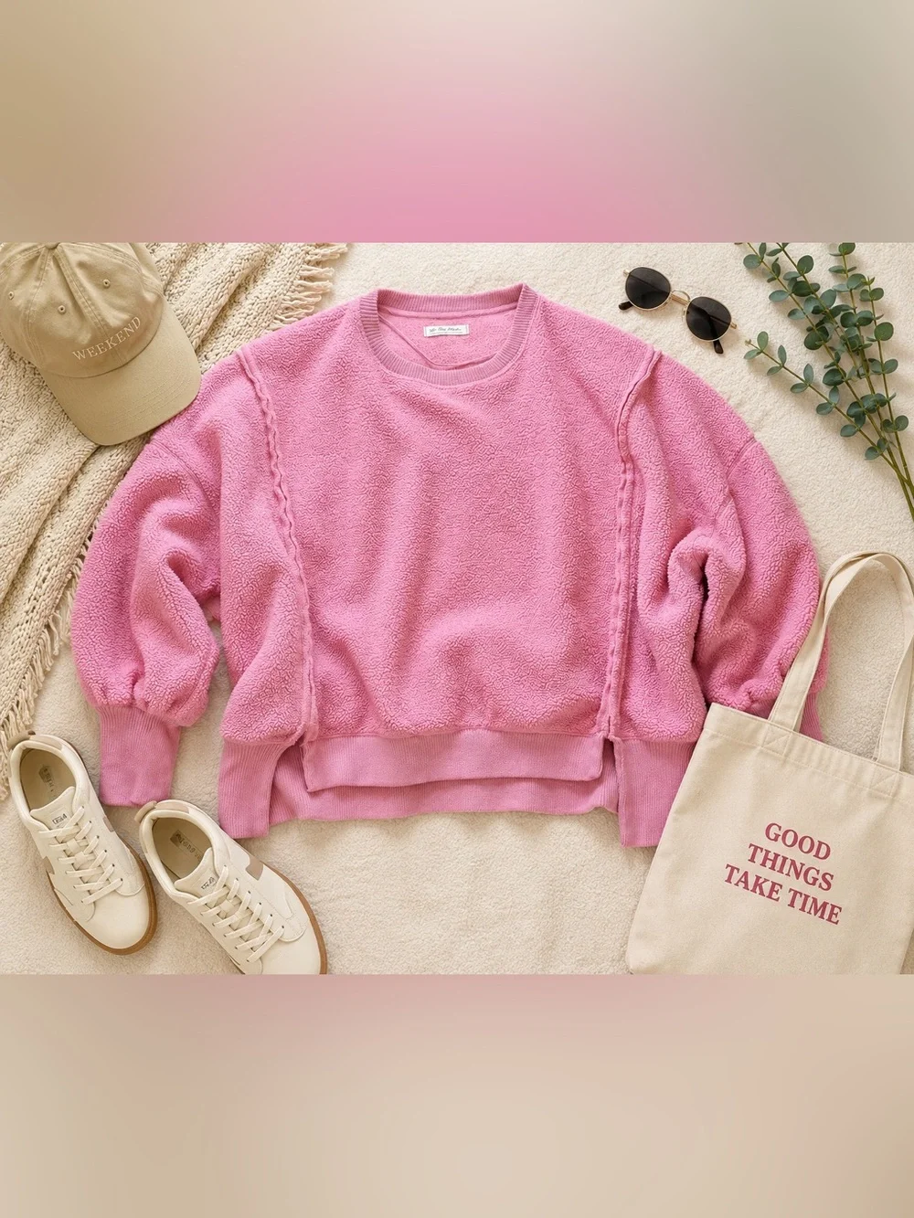 Free People We The Free Cozy Camden Pink Textured Pullover Sweater Large